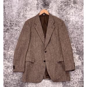 Vintage Harris Tweed Blazer 44 L Mens Brown Herringbone Sport Coat Jacket Long